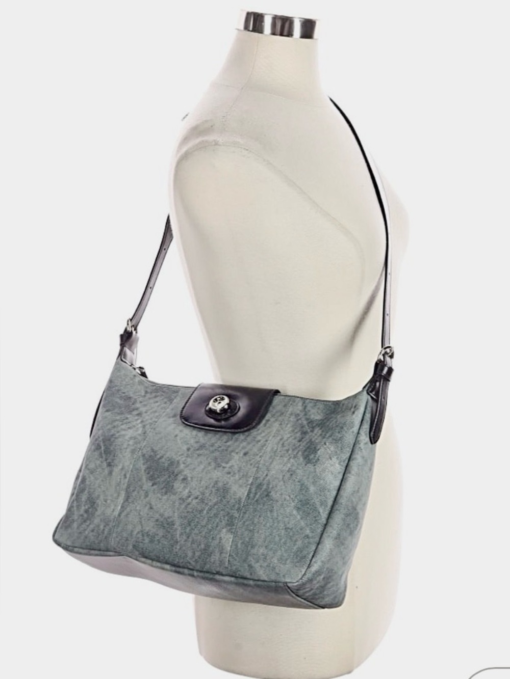 NWT Shoulder Bag in Distressed Denim and Black Leather - Picture 3 of 16